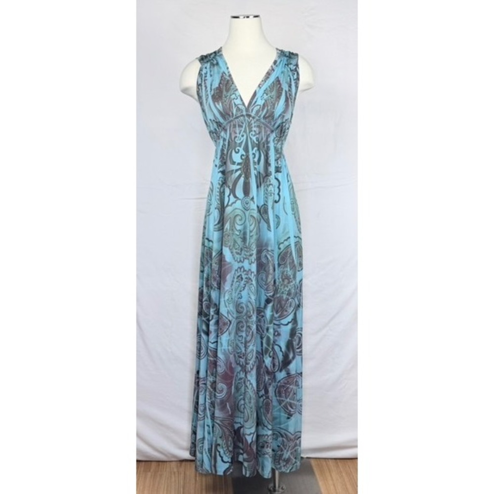 Apt 9 Maxi Dress L Blue Paisley V-Neck Empire Waist Boho Hippie Flowy Festival
